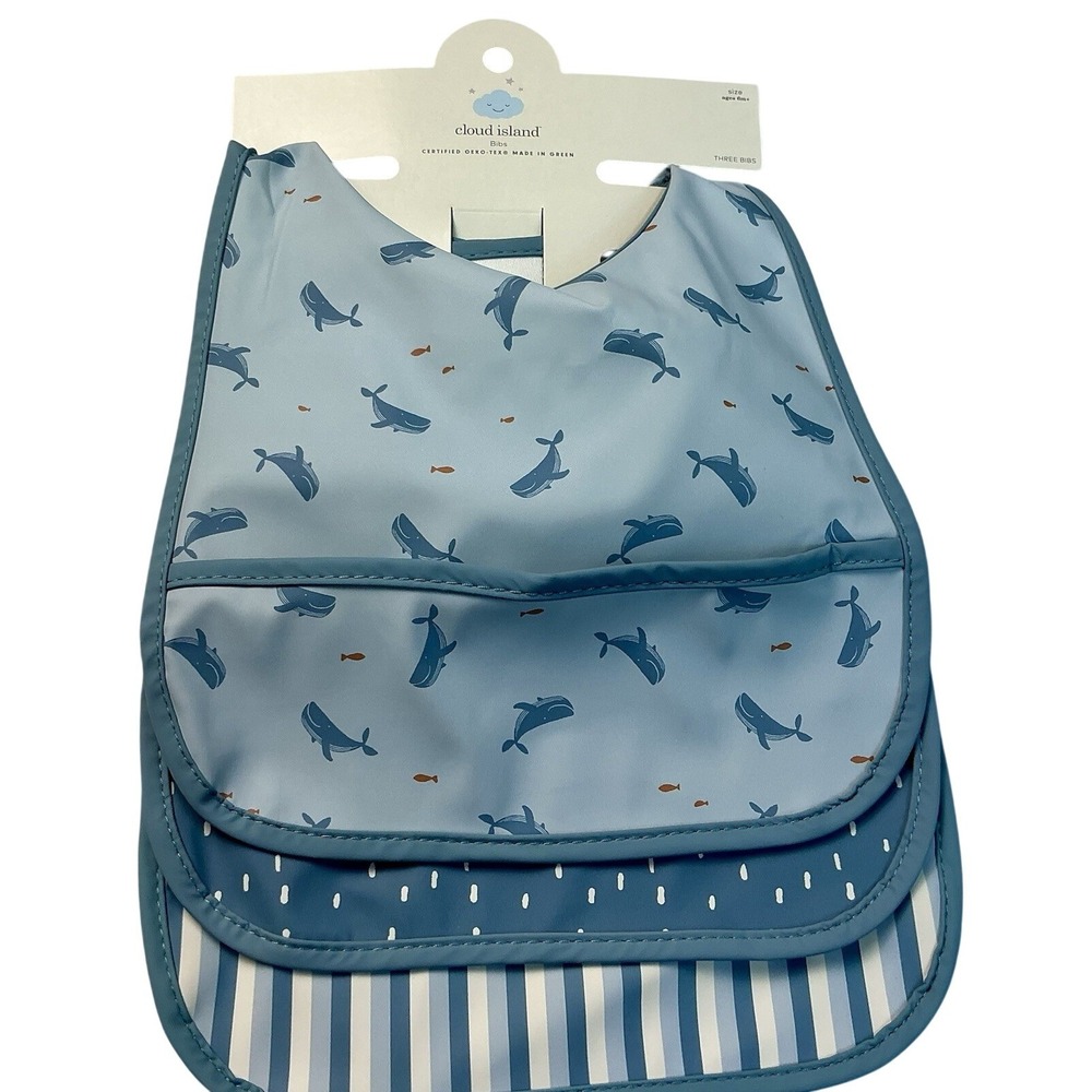 Cloud Island Baby Bibs 3 Pack Blue Whale Stripe Waterproof Recycled Polyester